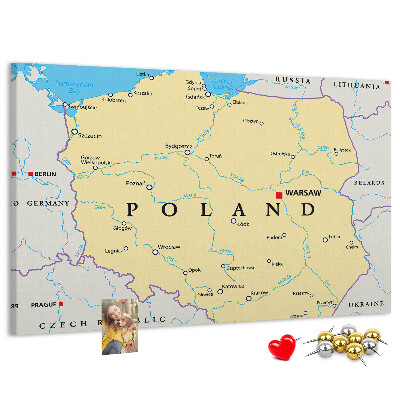 Korktafel mit einer Karte von Polen und hervorgehobenem Warschau