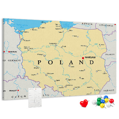 Korktafel mit einer Karte von Polen und hervorgehobenem Warschau
