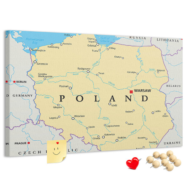 Korktafel mit einer Karte von Polen und hervorgehobenem Warschau
