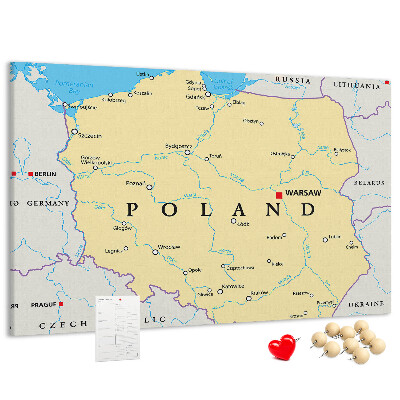 Korktafel mit einer Karte von Polen und hervorgehobenem Warschau
