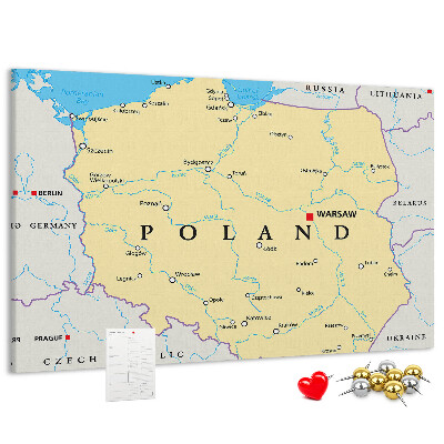 Korktafel mit einer Karte von Polen und hervorgehobenem Warschau