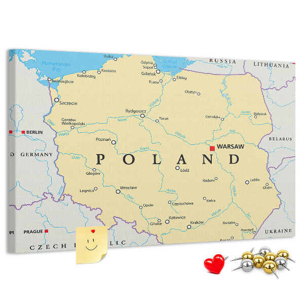 Korktafel mit einer Karte von Polen und hervorgehobenem Warschau