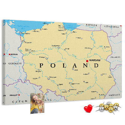 Korktafel mit einer Karte von Polen und hervorgehobenem Warschau