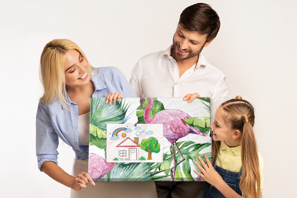 Kork-Pinnwand mit Motiv Rosa Flamingos in tropischer Umgebung