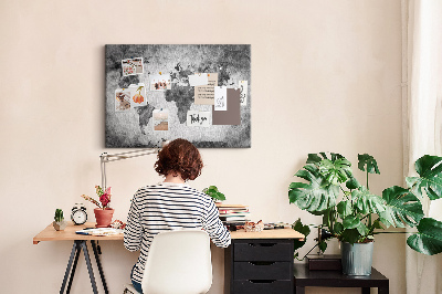 Weltkarte mit Korkrückwand in altmodischer Optik und Grautönen