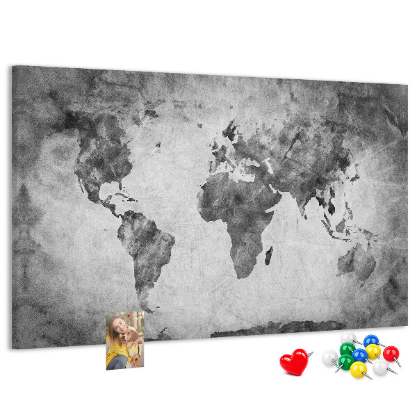 Weltkarte mit Korkrückwand in altmodischer Optik und Grautönen