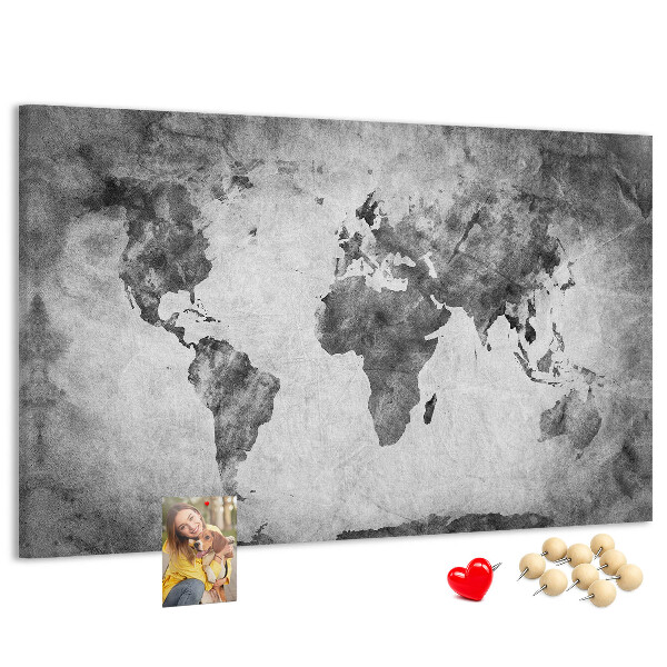 Weltkarte mit Korkrückwand in altmodischer Optik und Grautönen