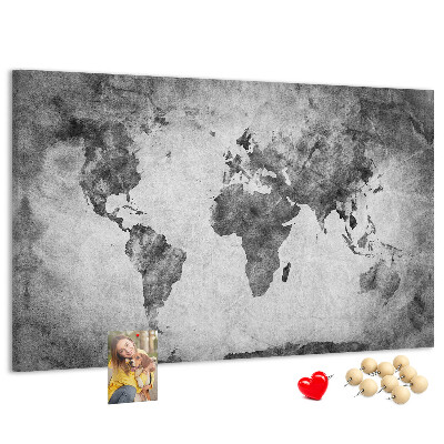 Weltkarte mit Korkrückwand in altmodischer Optik und Grautönen