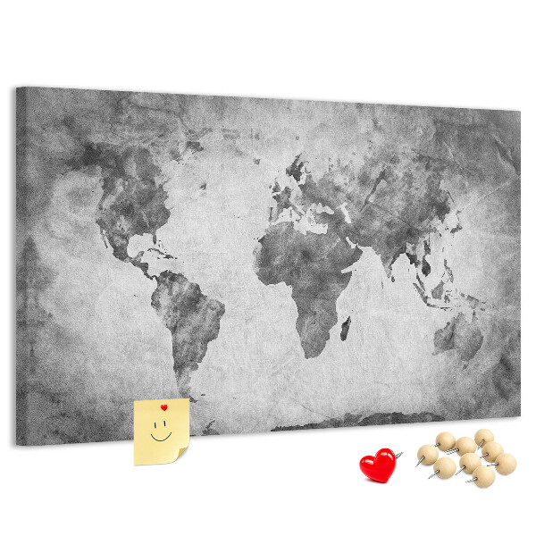 Weltkarte mit Korkrückwand in altmodischer Optik und Grautönen