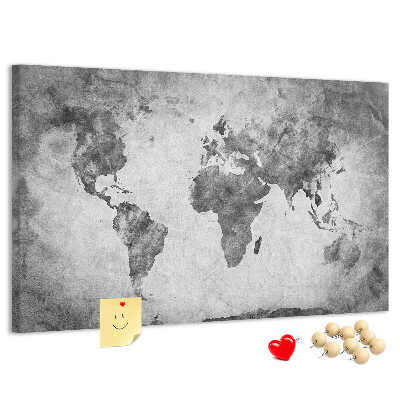 Weltkarte mit Korkrückwand in altmodischer Optik und Grautönen