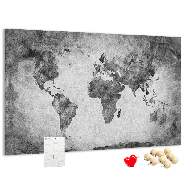 Weltkarte mit Korkrückwand in altmodischer Optik und Grautönen