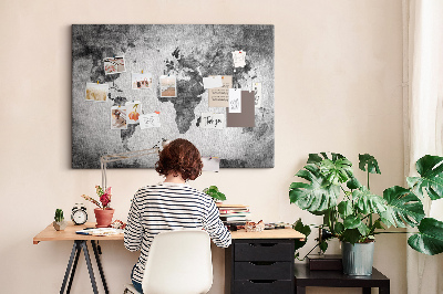 Weltkarte mit Korkrückwand in altmodischer Optik und Grautönen