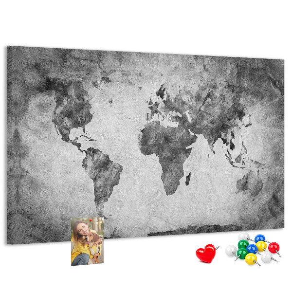 Weltkarte mit Korkrückwand in altmodischer Optik und Grautönen