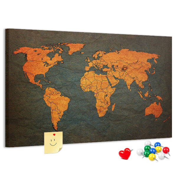 Korktafel mit Motiv einer antiken Weltkarte in Brauntönen