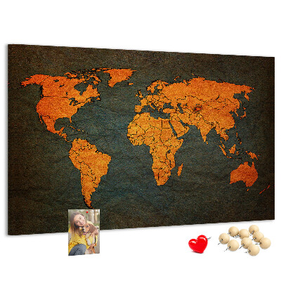 Korktafel mit Motiv einer antiken Weltkarte in Brauntönen