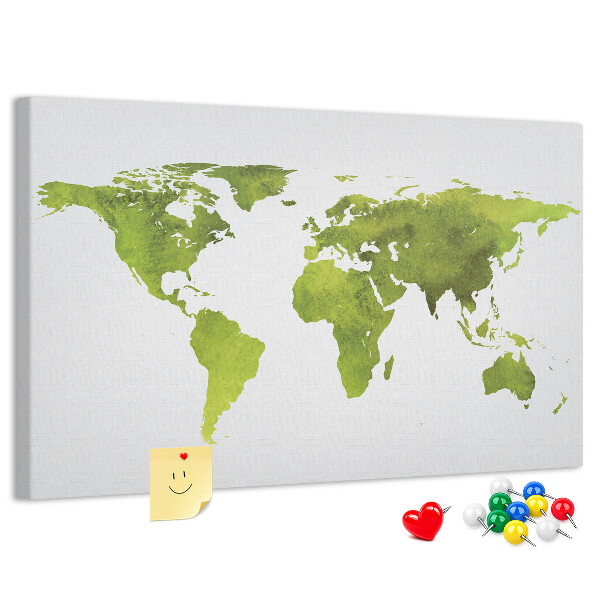 Korktafel mit grüner Weltkarte im Aquarell-Design