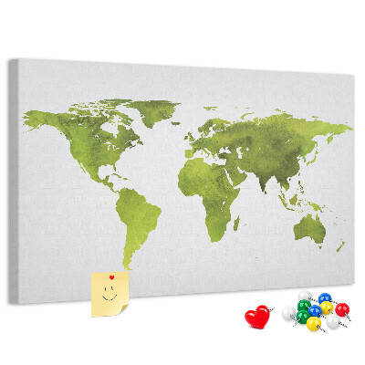 Korktafel mit grüner Weltkarte im Aquarell-Design