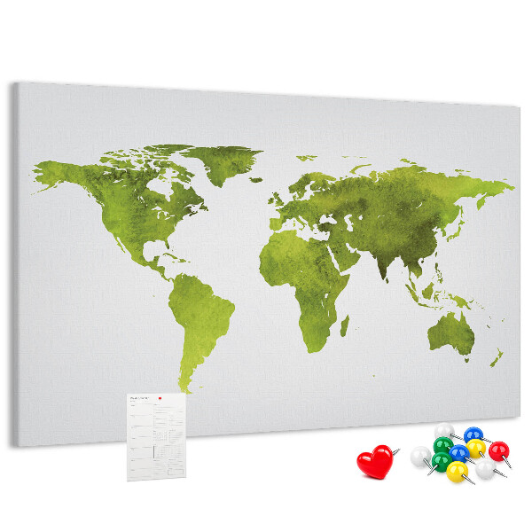 Korktafel mit grüner Weltkarte im Aquarell-Design