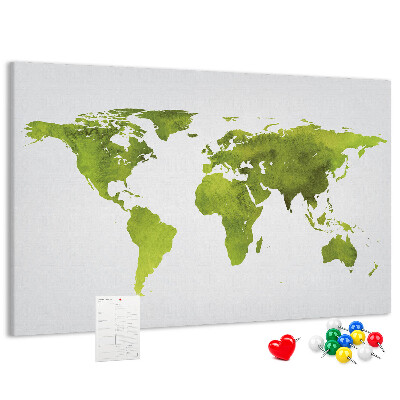 Korktafel mit grüner Weltkarte im Aquarell-Design