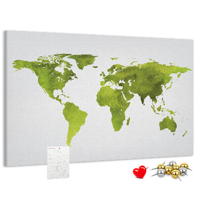 Korktafel mit grüner Weltkarte im Aquarell-Design