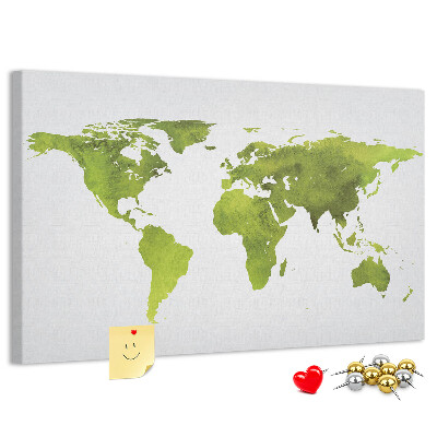 Korktafel mit grüner Weltkarte im Aquarell-Design