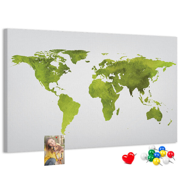 Korktafel mit grüner Weltkarte im Aquarell-Design