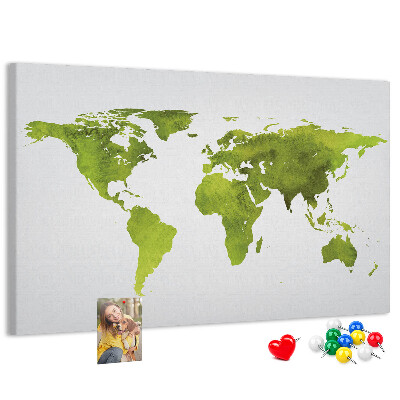 Korktafel mit grüner Weltkarte im Aquarell-Design