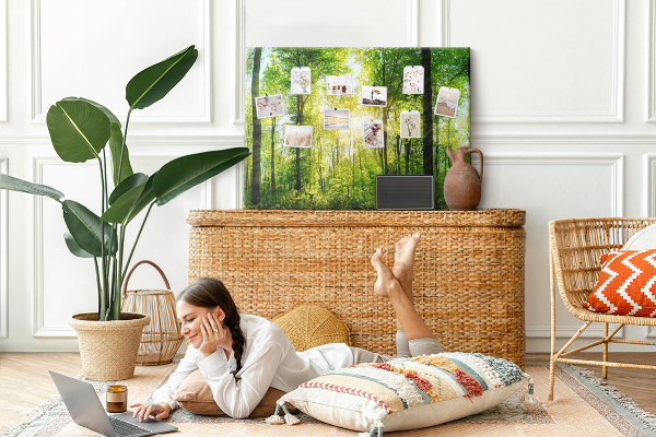 Bild mit Korkrückwand Grüner Wald mit Sonnenstrahlen