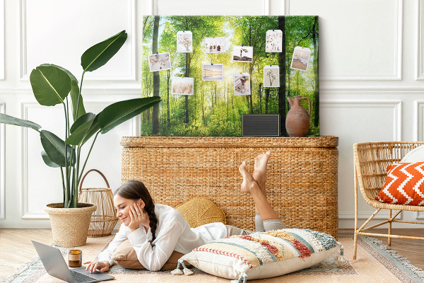 Bild mit Korkrückwand Grüner Wald mit Sonnenstrahlen