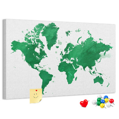 Korktafel mit Motiv einer grünen Aquarell-Weltkarte