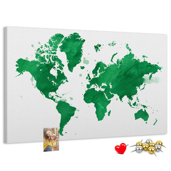 Korktafel mit Motiv einer grünen Aquarell-Weltkarte