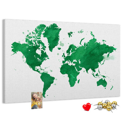 Korktafel mit Motiv einer grünen Aquarell-Weltkarte