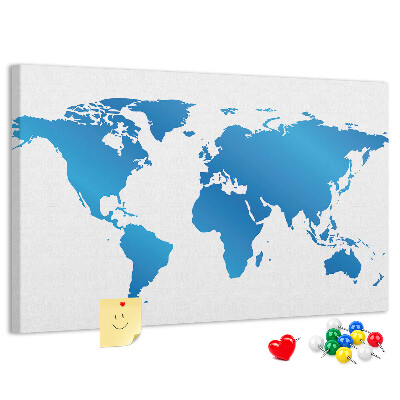 Weltkarte auf Korkrückwand blaue Weltkarte auf weißem Hintergrund