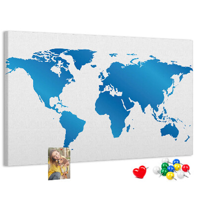 Weltkarte auf Korkrückwand blaue Weltkarte auf weißem Hintergrund