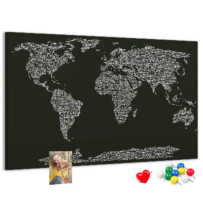 Weltkarte mit Korkrückwand in Textform