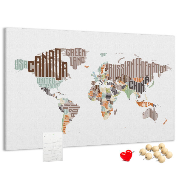 Weltkarte mit Ländernamen mit Korkrückwand