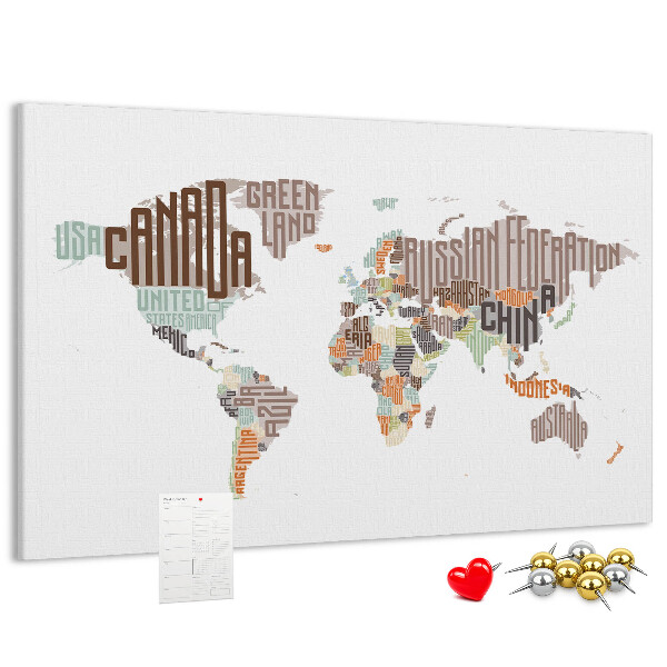 Weltkarte mit Ländernamen mit Korkrückwand