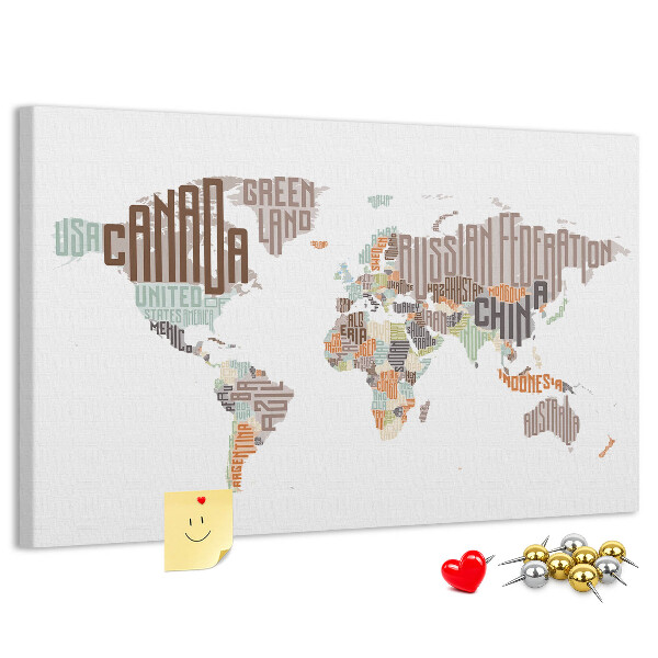 Weltkarte mit Ländernamen mit Korkrückwand