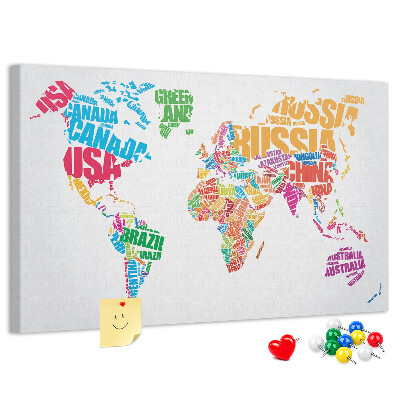 Korkbild bunte Weltkarte mit Ländernamen