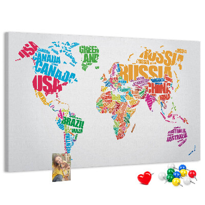 Korkbild bunte Weltkarte mit Ländernamen