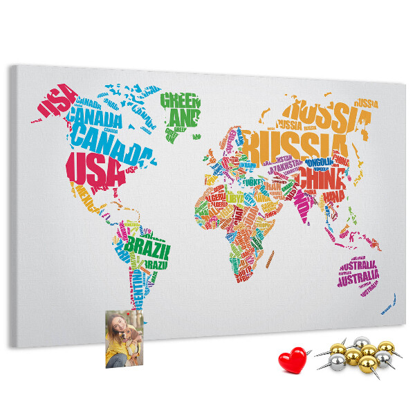 Korkbild bunte Weltkarte mit Ländernamen