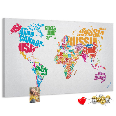 Korkbild bunte Weltkarte mit Ländernamen