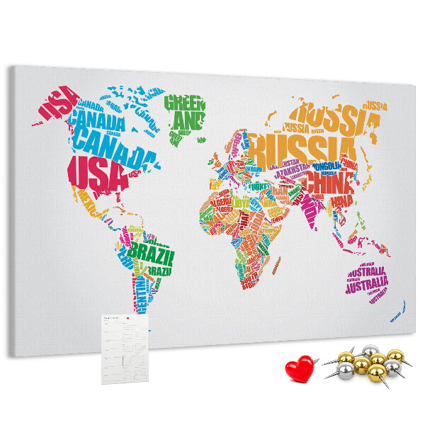 Korkbild bunte Weltkarte mit Ländernamen
