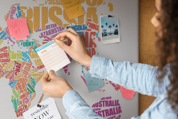 Korkbild bunte Weltkarte mit Ländernamen