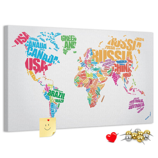 Korkbild bunte Weltkarte mit Ländernamen