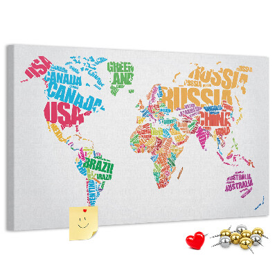 Korkbild bunte Weltkarte mit Ländernamen