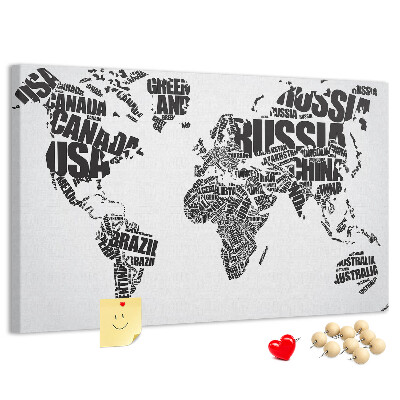 Korktafel Weltkarte mit Ländernamen in Worten
