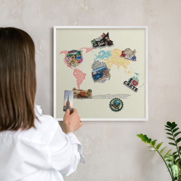 Wand-Magnettafel für Reisesouvenirs mit weißem Rahmen Weltkarte