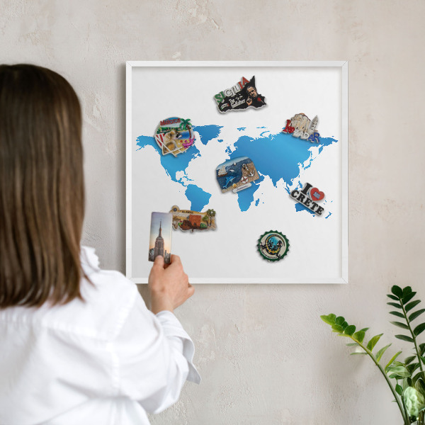 Wand-Magnettafel für Reisesouvenirs mit weißem Rahmen Weltkarte