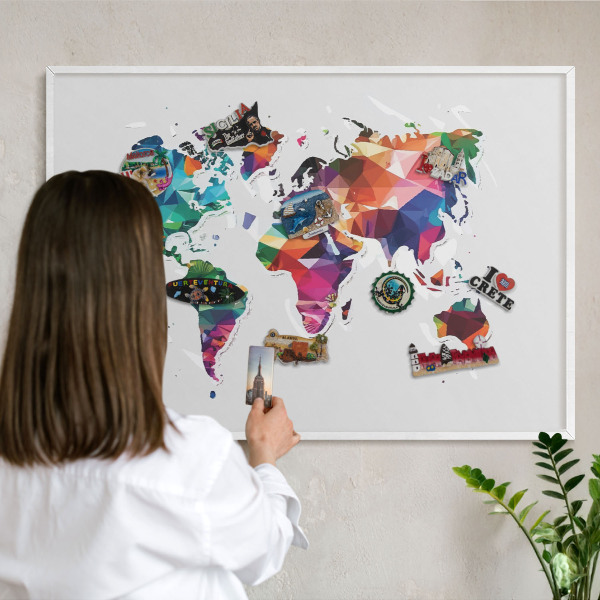 Wand-Magnettafel für Reisesouvenirs mit weißem Rahmen Weltkarte